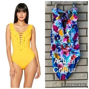 Bleu Rod Beattie Ruffle Lattice Plunge One Piece Swimsuit Sz 8